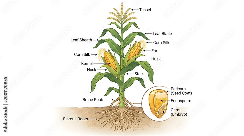 Obraz premium Detailed Colorful Illustration of Corn Plant with Anatomical Parts Showing Its Details