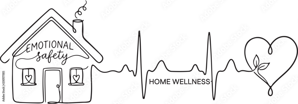 Fototapeta premium Minimalist One Line Art of House and Heartbeat for Emotional Safety and Home Wellness Concept, Mental Health and Sanctuary Illustration
