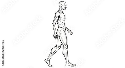 Anatomy study of a walking human figure in side profile, rendered as a minimalist monochrome illustration