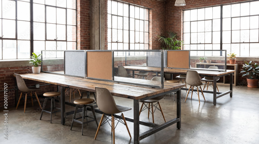 Fototapeta premium Modern Empty Coworking Hub With Modular Partitions And Long Communal Desks Bright Natural Light Workspace