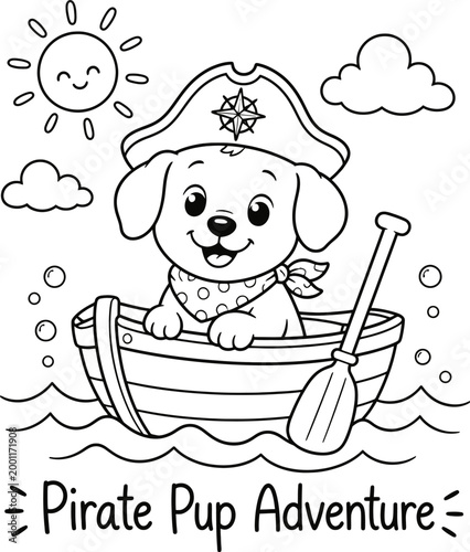 Pirate pup adventure coloring page, cute dog in rowboat with pirate hat, waves, oar, sun and clouds, kids printable black white vector illustration
