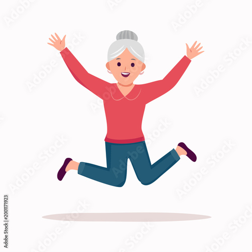 Joyful Elderly Woman Jumping with Arms Raised