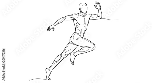 Line art illustration of a male athlete in full stride, capturing the dynamic motion of a runner