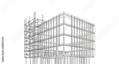 Digital blueprint outline of a modern multi-story building's structural framework, depicting the initial construction phase and engineering design, symbolizing urban development and innovation