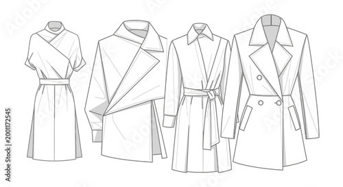 Fashion illustration of four elegant women's trench coats and dresses, showcasing stylish outerwear and sophisticated silhouettes