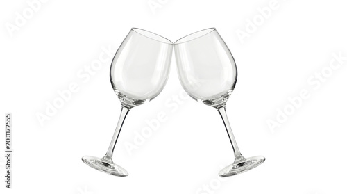 Two empty wine glasses clinking together in a celebratory toast, captured in a clean studio shot with a bright white background.