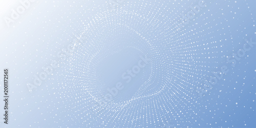 Abstract white particle swirl on blue gradient background, big data, AI, digital technology dots pattern for science, web and business presentation design