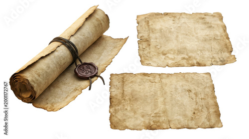 Ancient rolled parchment scroll tied with string and sealed with wax, alongside two aged paper sheets, isolated on a white background.