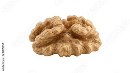 A single, detailed walnut kernel is isolated on a clean white background, showcasing its intricate texture and natural brown color.