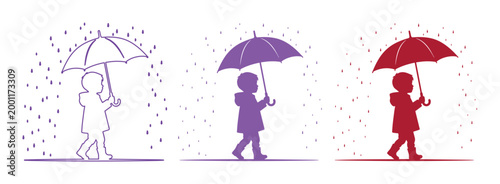 Child with Umbrella Vector Set, three colorful children walking in rain, simple weather icon collection, kids protection from bad weather, childhood concept illustration isolated on White