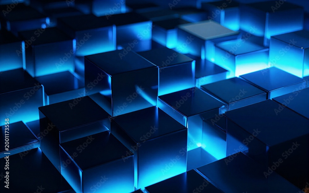 Obraz premium Blue-lit cubes form a futuristic glowing geometric pattern in deep