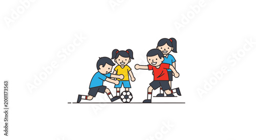 Children playing soccer game together happily.