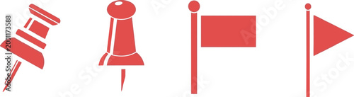 Red Push Pin and Map Flag Icon Set Featuring Thumbtacks and Location Markers for Navigation Destination Points Office Supplies and Business Project Management Graphic Designs