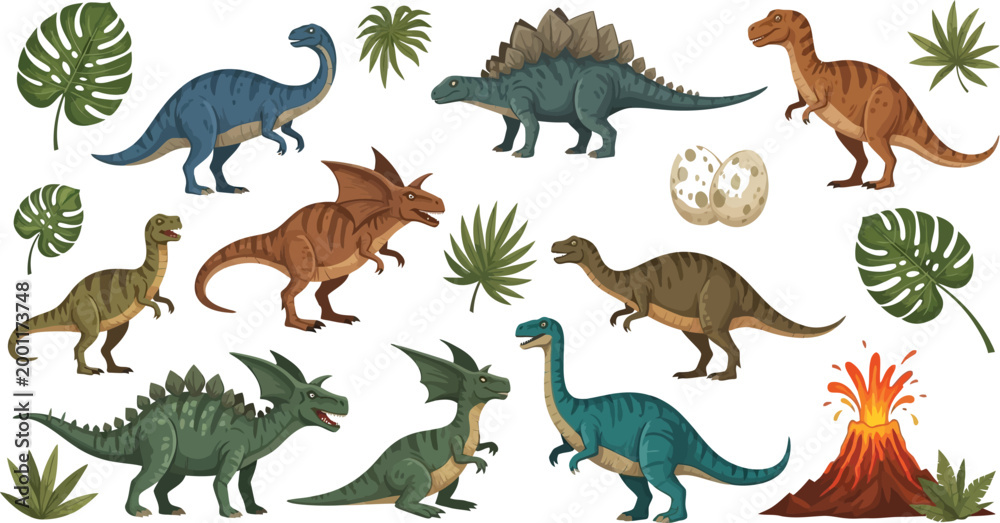 Fototapeta premium Colorful cartoon dinosaurs in prehistoric setting Vector