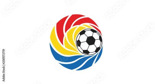 Colorful Soccer Ball Emblem with Abstract Swirls.