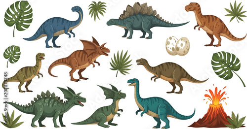 Colorful cartoon dinosaurs in prehistoric setting Vector