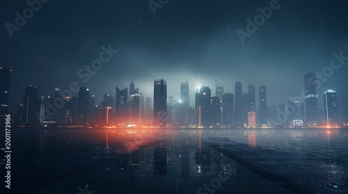 A photo of city lights twinkling in a foggy evening.