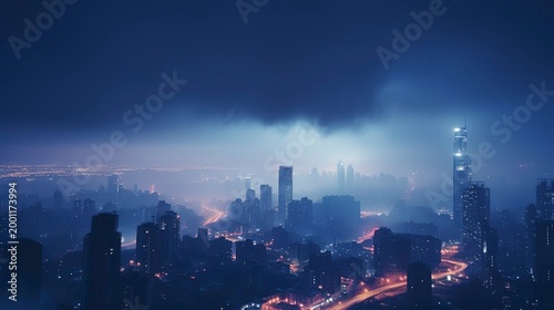 A photo of city lights twinkling in a foggy evening.