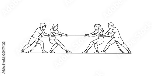 Team pulling rope in tug of war game, competition, teamwork, vector illustration Vector, illustration