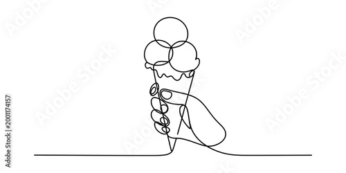 Continuous line drawing of a hand holding a triple scoop ice cream cone against a white background.