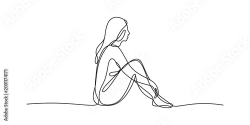 Continuous line drawing of a woman sitting, contemplative pose, minimalist art style, profile view, white background