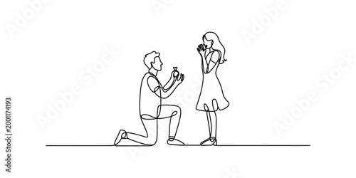 Man proposes with ring to woman on one knee, minimalist line art, proposal scene