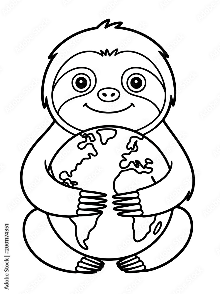 Obraz premium Eco-Friendly Cute Cartoon Sloth on Green Planet: Whimsical Earth Day Coloring Page for Kids and Animal Lovers