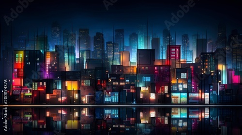 A photo of colorful urban architecture glowing at night.
