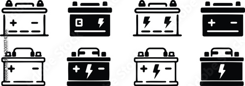 Collection of car battery featuring electrical symbols and power indicators in a bold black and white style for automotive maintenance services