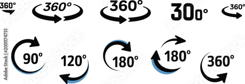 Collection of rotation and degree angle featuring circular arrows and numerical values for technical diagrams and user interface navigation