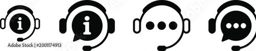 Customer support headset with information and chat bubble symbols for communication and help desk services in a flat black and white style