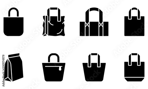 Collection of various black handbag and tote bag silhouettes in different styles and shapes on white background