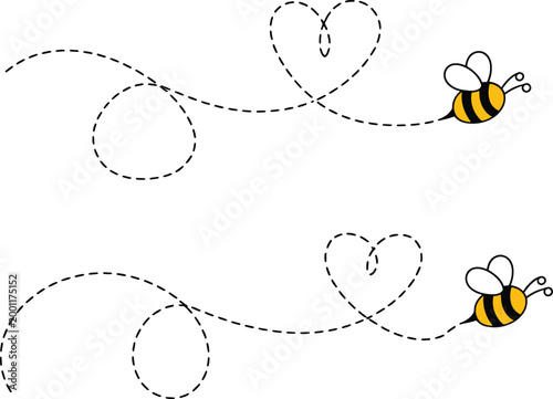 Cute cartoon bees flying with dotted path lines forming heart shapes isolated on white background for greeting cards and creative children projects