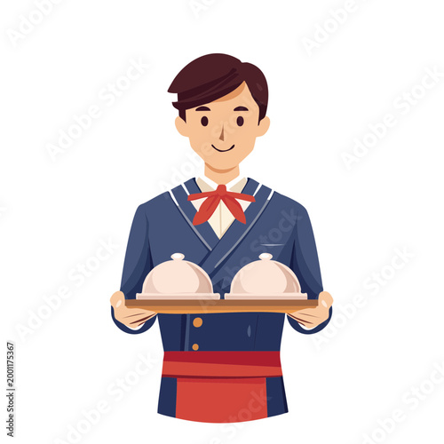 トレイで料理を運ぶウェイターのシンプルなベクターイラスト
