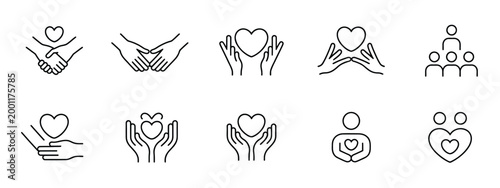 Minimalist line depicting charity and social support with hands holding hearts and people connecting for community and kindness themed projects
