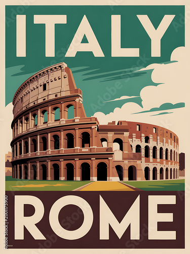 Vintage Illustration of Rome's Colosseum: Iconic Southern European Landmark in Retro Urban Design for Travel and Tourism Art Deco Poster Art