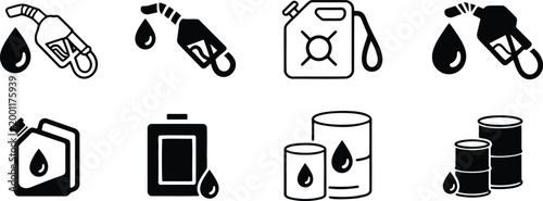 Set of black and white featuring fuel pump nozzles gasoline canisters and oil barrels with liquid drop symbols representing energy and petroleum industry themes
