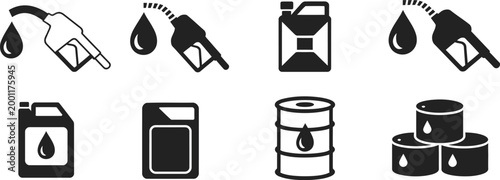 Set of black and white featuring fuel pump nozzles gasoline canisters and oil barrels arranged in two rows on a plain white background for industrial energy