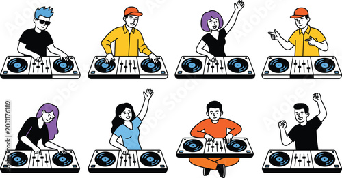 Cartoon Diverse DJ Character Collection Set with Men and Women Playing Turntable Mixer at Party Club Outline Style Vector Illustration on White Background