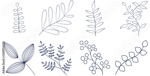 Navy Blue One Line Botanical Leaf and Branch Illustration Set