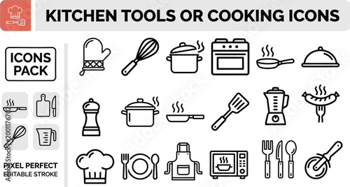 Kitchen cooking vector outline icon set for recipe cards, culinary blogs and restaurant menu layouts