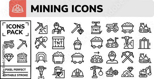 Mining industry vector outline icon set for quarry operations safety manuals and extraction reports