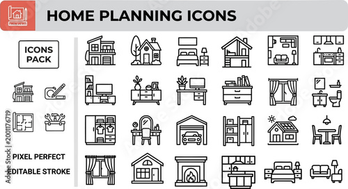 Home planning line art vector icon pack isolated on white for real estate brochures and interior apps