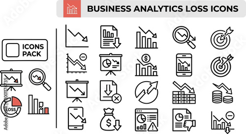 Business loss analytics vector outline icon set for finance dashboards, risk reports and decline charts
