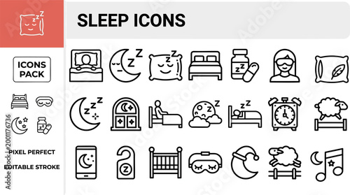 Sleep icon collection in cozy line art vector for wellness apps, bedtime guides, and relaxation content
