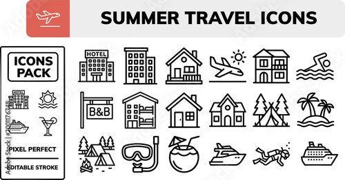 Summer travel icon collection in editable outline vector for holiday posters and vacation booking ads