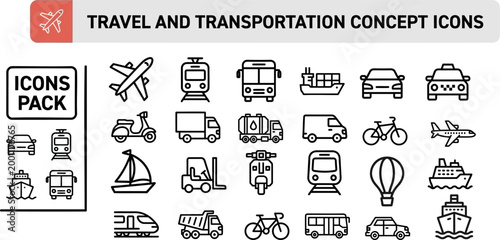 Travel transportation vector outline icon set for tourism itineraries, booking apps and destination maps