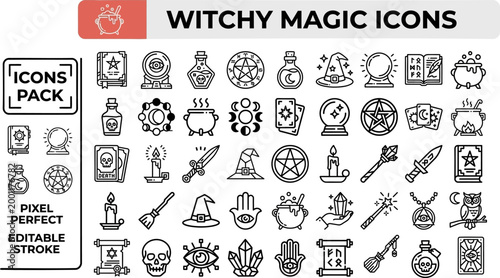 Witchy magic vector outline icon set for occult branding, Halloween labels and app interface assets