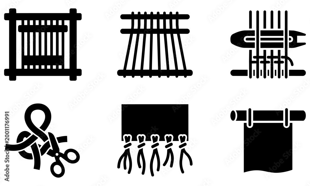 Obraz premium set of six black and white icons depicting various textile making tools and processes on white background