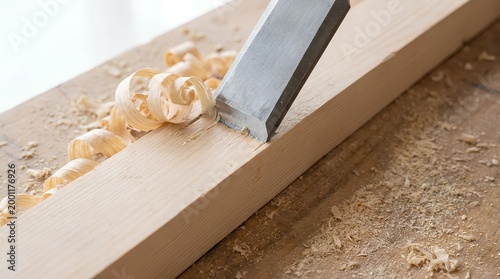 A rough-hewn timber plank being smoothly planed by a hand chisel, creating delicate wood shavings, a process of careful craftsmanship.